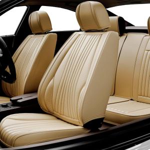 5 Pieces LB Front and Rear Car Seat Covers, Waterproof Nappa Leather Full Set Car Seat Protectors, Universal Auto Interior Fit for Sedans SUV Pick-up Truck, Beige