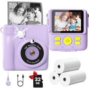 GKTZ Kids Camera Instant Print - 2.4" Eye-Care Digital Video Camera for Toddlers & Kids Ages 3-12, with 3 Rolls Paper & 32GB SD Card, 1080P, 18 Frames, Birthday Christmas Valentines Gifts for Girls