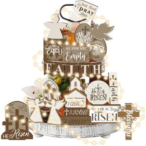 34 PCS Easter Tiered Tray Decor Set He is Risen Jesus Wood Sign with LED Lights Rustic Religious Wood Table Centerpieces Easter Farmhouse Tabletop Sign for Home Kitchen