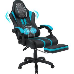 HOFFREE Gaming Chair Massage Big and Tall Video Game Chair for Adults 400lbs Computer Gaming Chair with Footrest for Heavy People Reclining Gaming Chairs Blue and Black