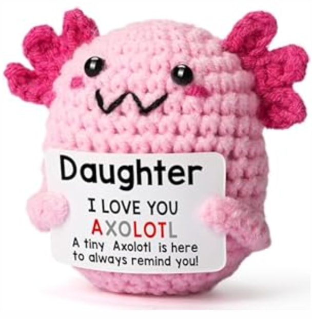 WEYON Daughter Gifts from Mom on Mothers Day, Handmade Crochet Axolotl Plush with I Love You Sign, Teen Girl Trendy Stuff, Birthday Christmas Valentines Easter Basket Stuffers for Tweens Kid