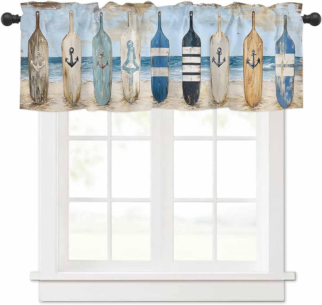 Blue Coastal Curtain Valances for Windows, Nautical Anchor Kitchen Valance Window Treatment, Ocean Wood Barn Beach Light Filtering Block Curtains for Bathroom/Bedroom/Living Room 54'' x 18'' (Blue Brown Cream)