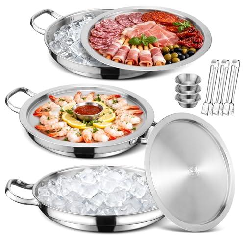 3-Set 12 Inch Chilled Serving Trays, Shrimp Cocktail Serving Dish, Cold Charcuterie Board with Ice Trays for Appetizer Oyster Salad Fruit Buffet Parties, Dishwasher Safe, Stainless Steel 18/10