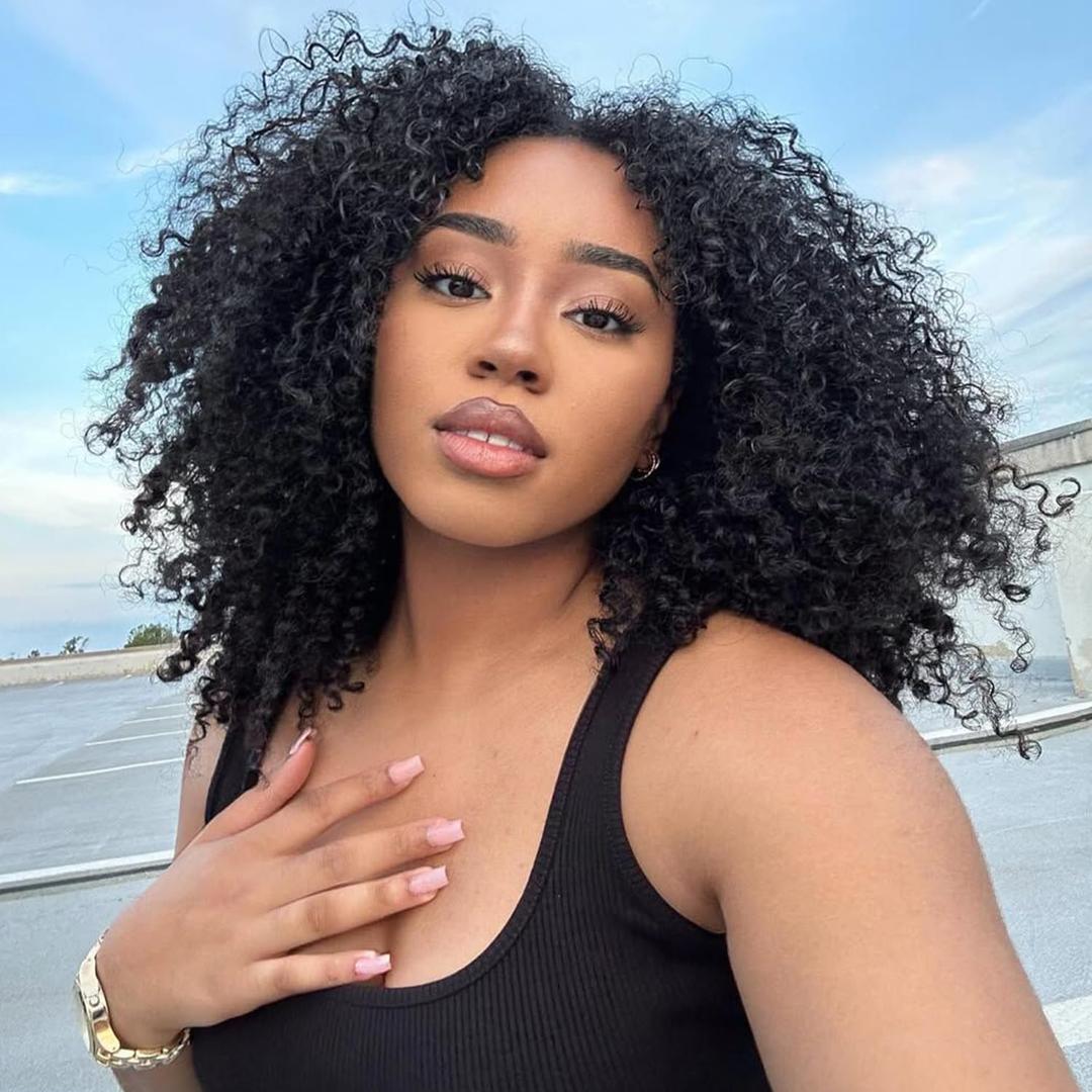 HUA V Part Curly Wig Human Hair Mixed Glueless Upgrade U Part Wigs Burmese Curly Wigs for Black Women 180% Density 14inch Vpart Human Hair Wig Mix Protein Silk Synthetic Boast A Human-Hair-Like Touch