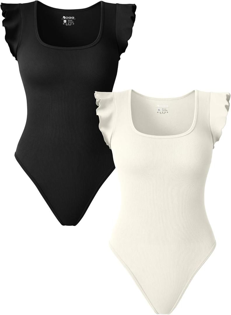 OQQ Women 2 Piece Bodysuits Sexy Ribbed Square Neck Ruffles Sleeve Stretch Fit Basic Tank Tops Bodysuits (Medium, Black,beige)