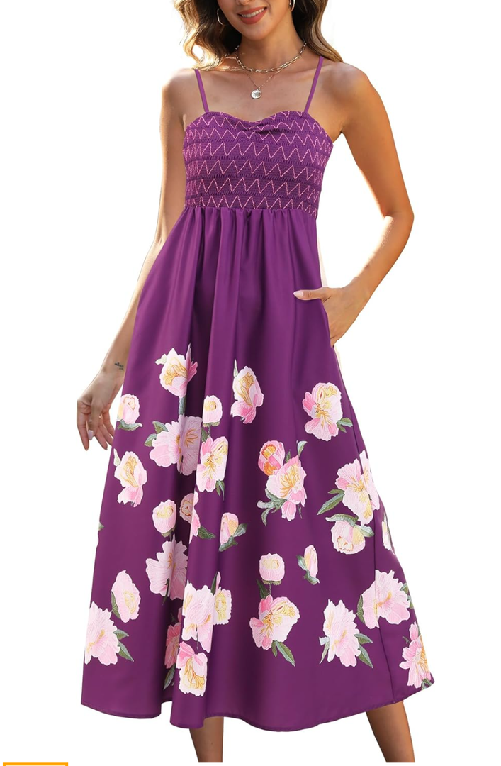 Gardenwed Women's Floral Print Maxi Dress,Spaghetti Strap Smocked Bodice A-Line Sundress with Pockets, XL