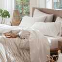 MooMee Bedding Sheet Set 100% Washed Cotton Linen Like Textured Breathable Durable Soft Comfy (Solid Off White, California King)