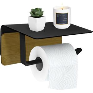 Toilet Paper Holder with Shelf Bamboo and Metal Toilet Tissue Roll Holder Wall Mounted Rustic Adhesive Toilet Paper Holder Tissue Holder for Bathroom (Black)