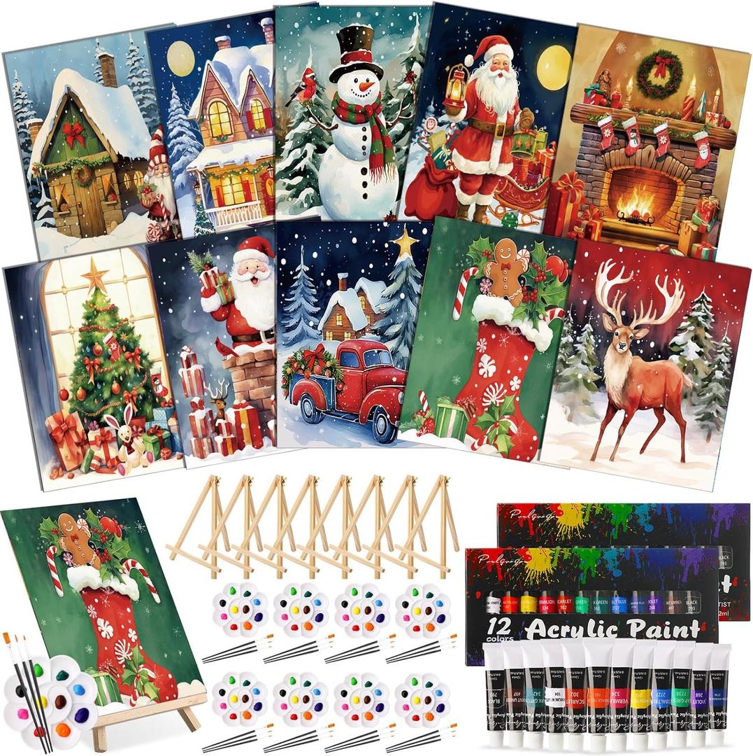 Ctosree 72 Pcs Christmas Paint and Sip Kit for Adults 8'' x 10'' Pre Drawn Canvas for Painting DIY Pre Printed Canvas for Party Favor Afro Acrylic Painting Kit Wood Easel Brushes Date Night Bulk