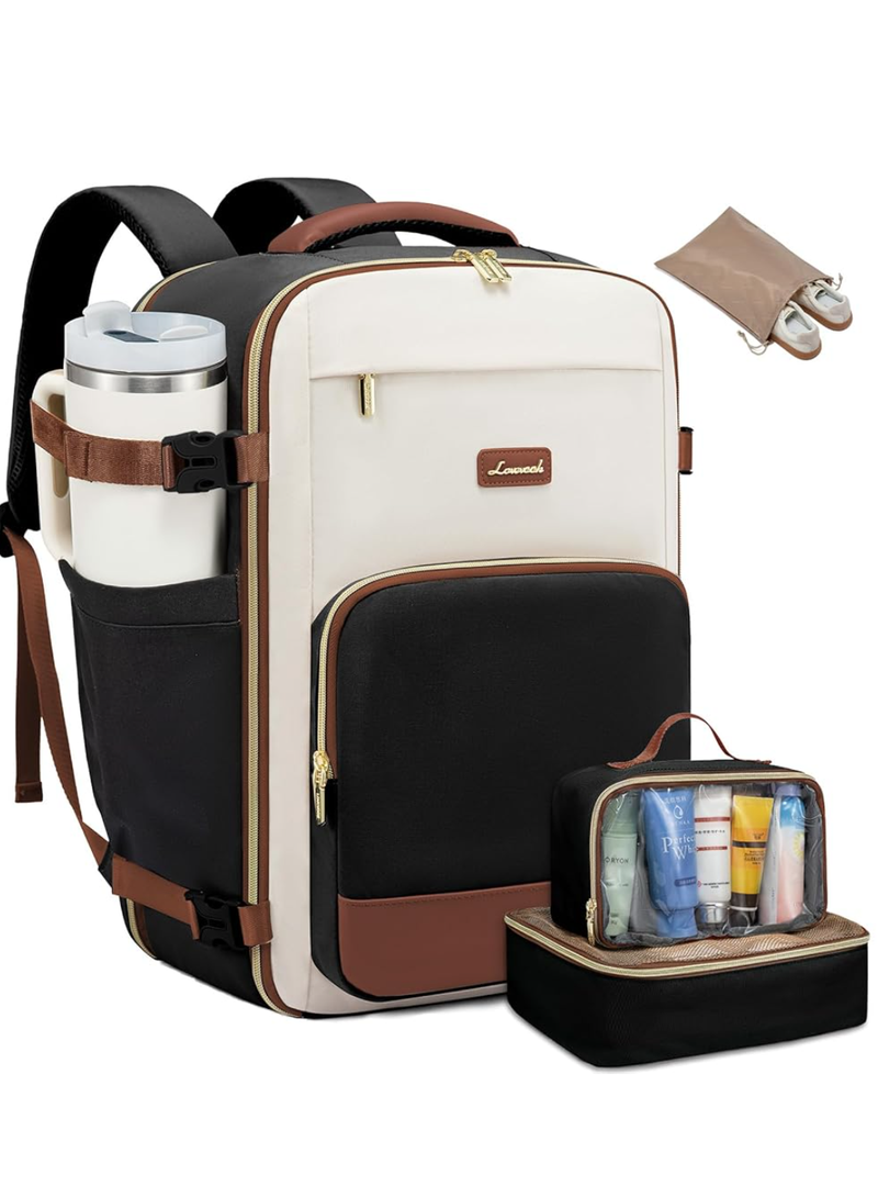 LOVEVOOK Travel Backpack for Women,50L Carry On Backpack Flight Approved,TSA Personal Item Travel Bag Fits 18" Laptop with 3 Packing Cubes,Large Waterproof Weekender Daypack,Beige and black and brown