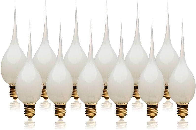 Silicone Light Bulbs for Candle Lamps, 7 Watts, 12 Pack Dipped Candle Bulbs for Window Candles, Candelabra, Handmade White Flame Shaped Design