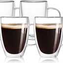 4-Pack 12 Oz Double Walled Glass Coffee Mugs with Handle, Insulated Layer Coffee Cups, Clear Borosilicate Glass Mugs, Gift for Cappuccino,Tea,Latte,Espresso,Hot Beverage,Wine, Microwave Safe, Set of 4