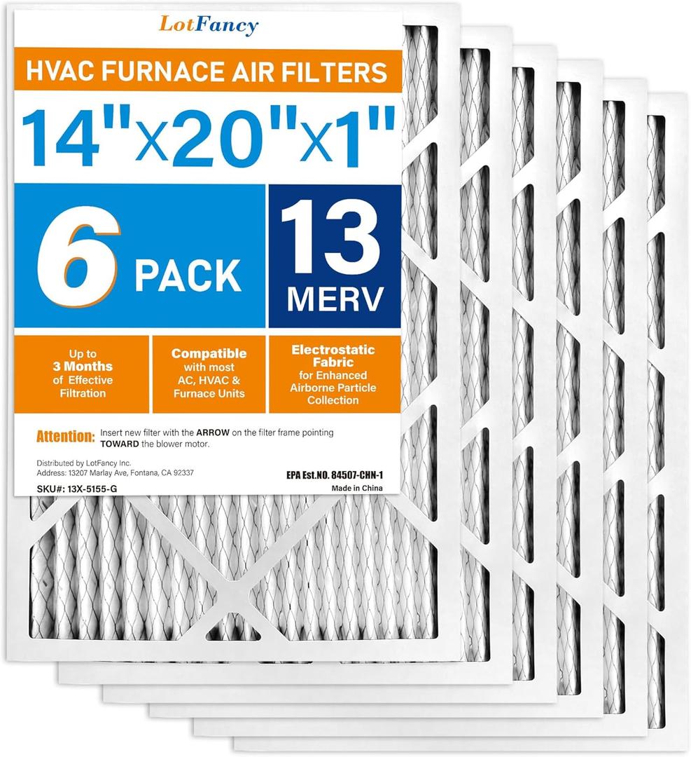 LotFancy 14x20x1 Air Filter MERV 13 6-Pack, Actual Size: 13.75"x19.75"x0.75", Electrostatic Pleated HVAC Furnace Air Filter, Captures Pet Dander Smog Smoke