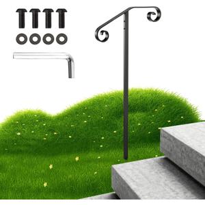 Handrails for Outdoor Steps, 1-2 Step Single Post Handrail, 58" H Rustproof Wrought Iron Stair Railing with Assembly Tool Kit for Concrete Steps, Wood Steps, Black