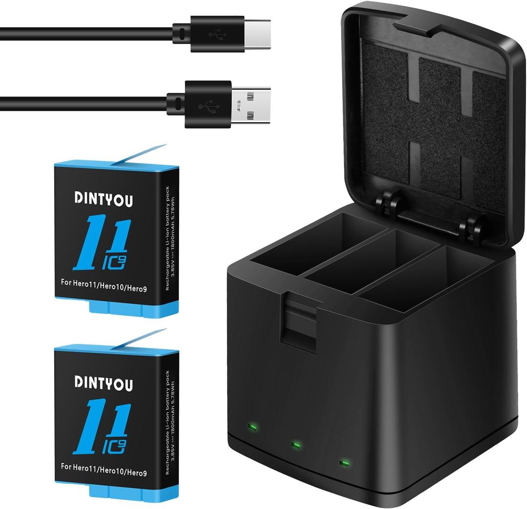 Battery Charger for GoPro Hero 11/10/9 Black, 2 Pack Batteries Go Pro 9 10 11 with 3-Channel USB Charger Station Storage Quick Charging Box for Hero 11 Hero 10 Hero 9