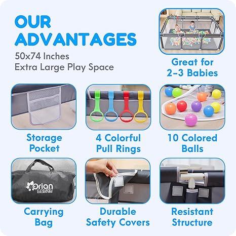 Orian Baby Playpen 50x74 XL Size for Babies and Toddlers, Oxford Fabric, Indoor & Outdoor Play Pen, Includes 10 Colorful Balls, 4 Pull Up Rings, Carry Bag