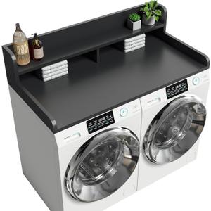 2-Tier Washer Dryer Countertop with 2.75" H Edge Rails, 54" W x 27.55" D Laundry Countertop for Folding Clothes, Washer and Dryer Topper with Non-Slip Pad (Black)