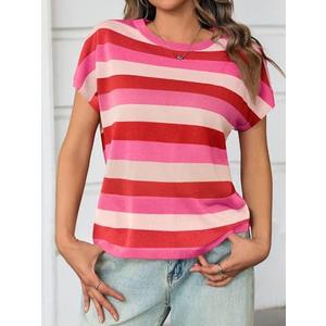 Saodimallsu Womens Striped Short Sleeve Tops Summer Casual Color Block Crew Neck Lightweight Loose Knit Shirts (Small, Black)