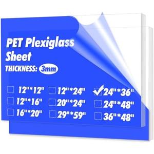 Art3d (2 Pack) 1/8" Thick Plexiglass Sheets - 36" x 24" PET Clear Sheets for Art Design，Craft Projects, Signs, DIY in Home, Wedding, Festival,Party,Office