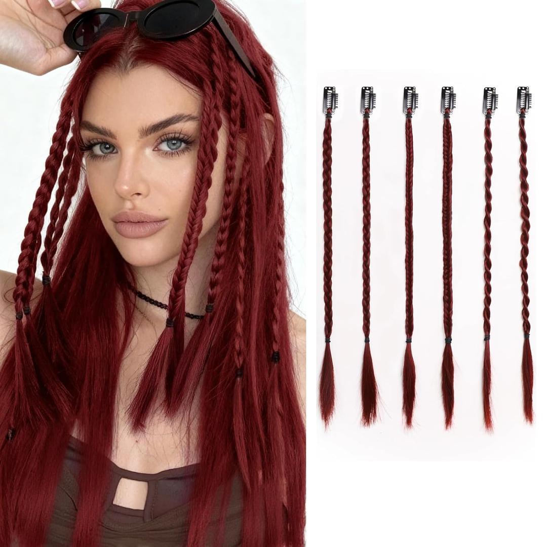 6PCS Hair Extensions Braids 14'' Clip in Braid Extensions Fake Braid Ponytail Hairs Extension Synthetic Braids Clip Ins 3 Styles Braided Hair Pieces for Women Daily Party Use Burgundy