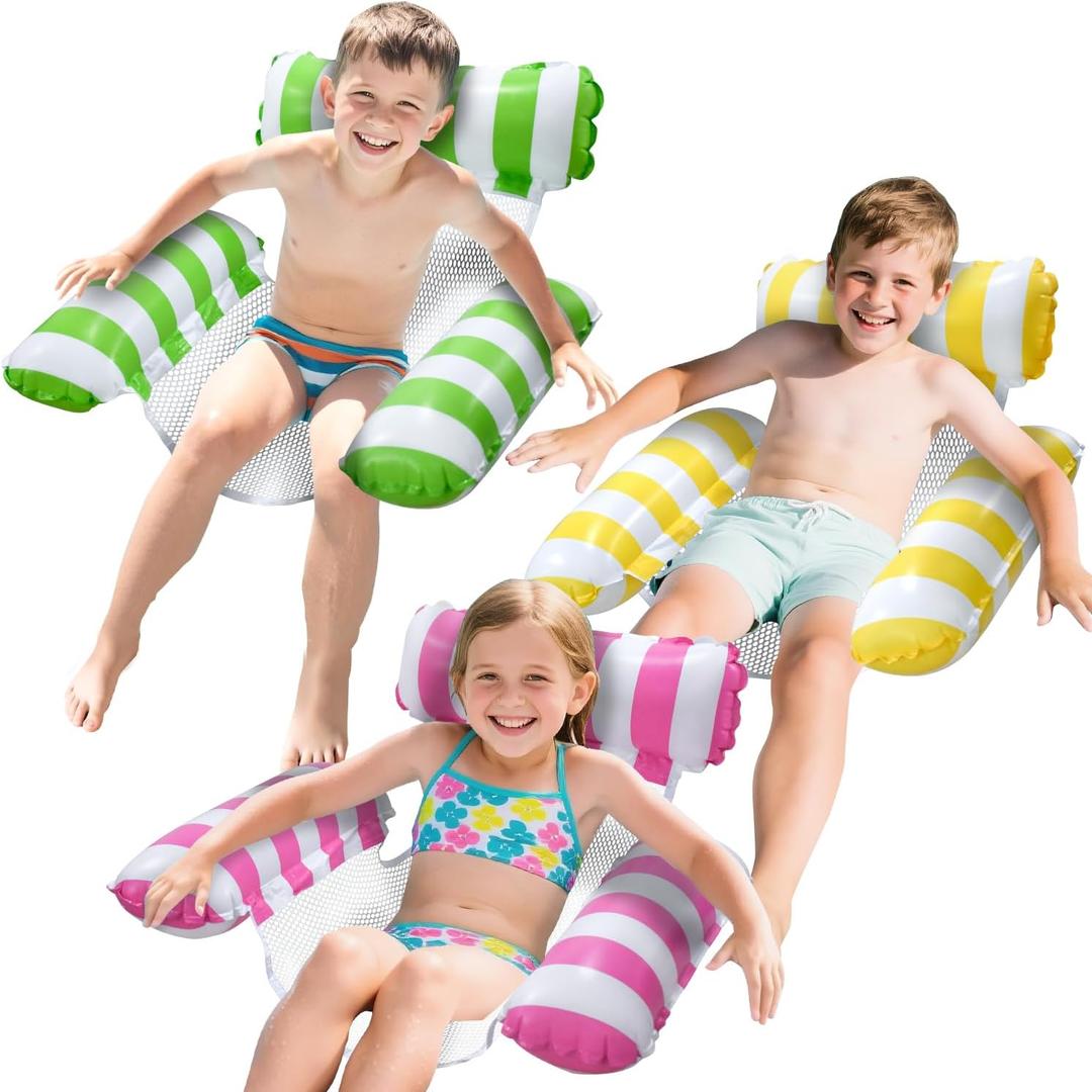 Pool Floats Kids, Meegoo Pool Lounge Chairs 3 Tubes Floaties Water Hammock Inflatable Pool Toys for Kids Ages 8-12 for Summer Party Beach Vacation Essentials (Yellow Green Rose Red-3 Pack)