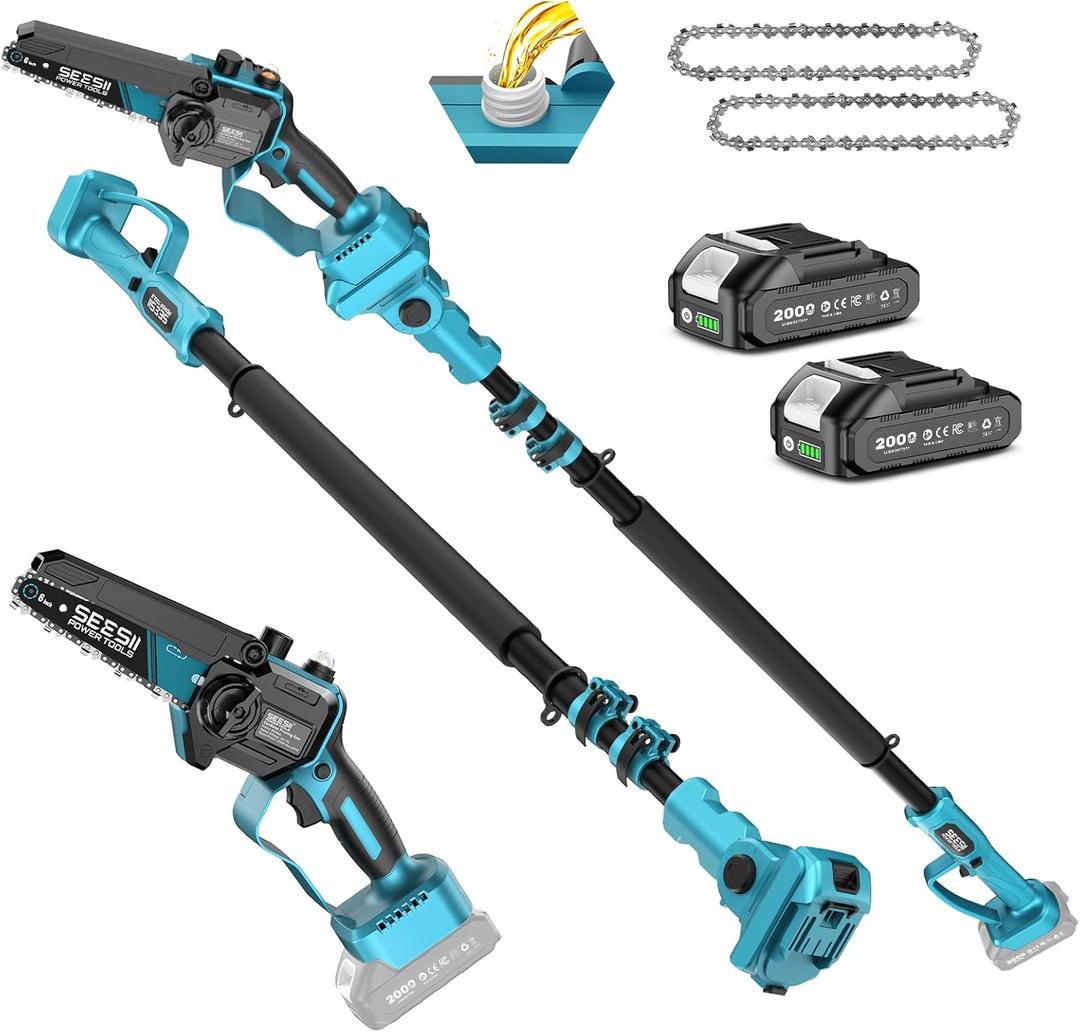 SEESII 2-in-1 Electric Pole Saws for Tree Trimming, 6 Inch Mini Chainsaw Cordless with Extension Pole, Battery Powered Pole Chain Saw, Tree Trimmer Limb Branch Cutter Pruner with 2 Battery P6 Plus