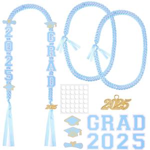 Yinkin Graduation Ribbon Leis Set Class of 2025 Handmade Double Braided Necklace Adjustable Includes Silk Leis Grad Cutouts 2025 Pendant for Graduation Party Accessories(Light Blue, White)