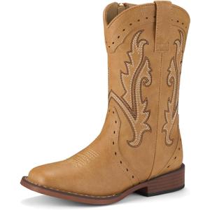 Rollda Girls Cowgirl Boots Kids Cowboy Boots Square Toe Girls Western Boots for Toddler/ Little Kid/ Big Kid Tan Little Kid Size 3