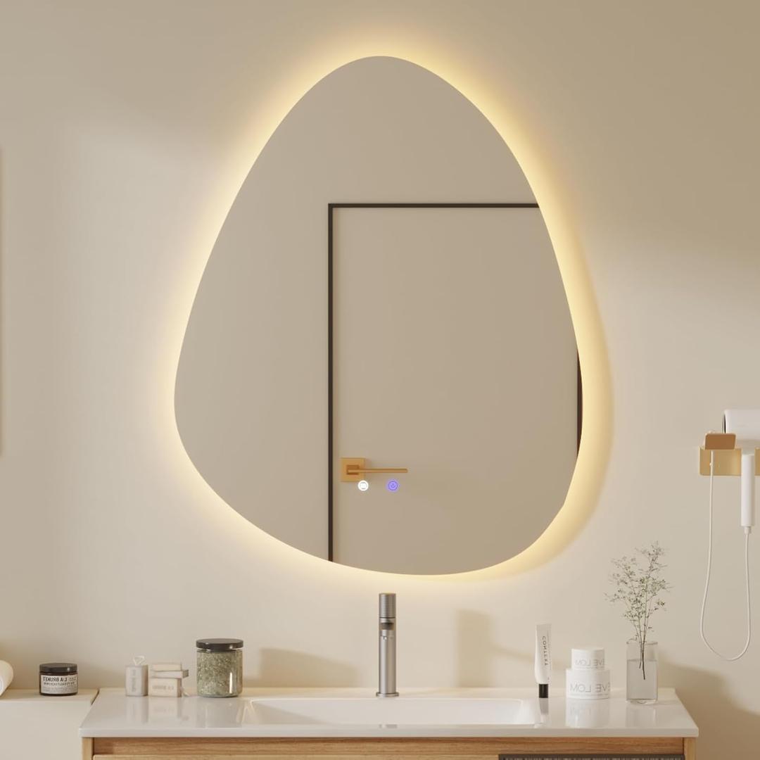 QDSSDECO Irregular LED Bathroom Mirror with Lights,Asymmetrical Led Bathroom Vanity Mirror for Wall with Front and Backlit, Anti Fog, 3 Colors and Dimmable Light, 22" x 28"