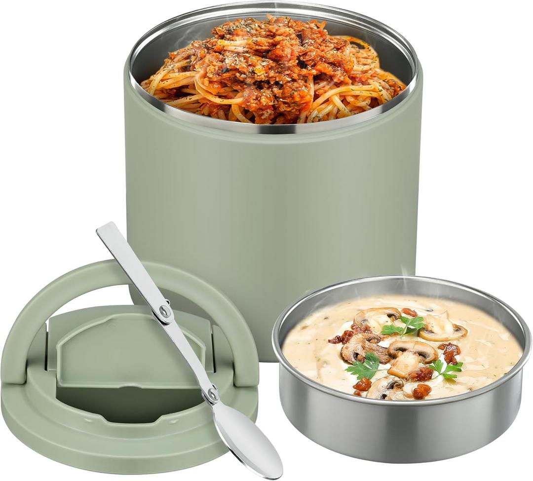 40oz Insulated Food Jar-Say Goodbye to Spills&Cold Meals|QuickLift Airtight Leak-Proof Lid Thermo for Hot Food, Wide Mouth Soup Thermos Lunch Box Container Adults|Stainless Steel with Folding Spoon (Green)