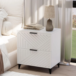 Nightstand with 2 Drawers Night Stand with Fluted Panel, Modern Bedside Table for Bedroom, Wood End Table Side Table Small Cabinet with Storage, White