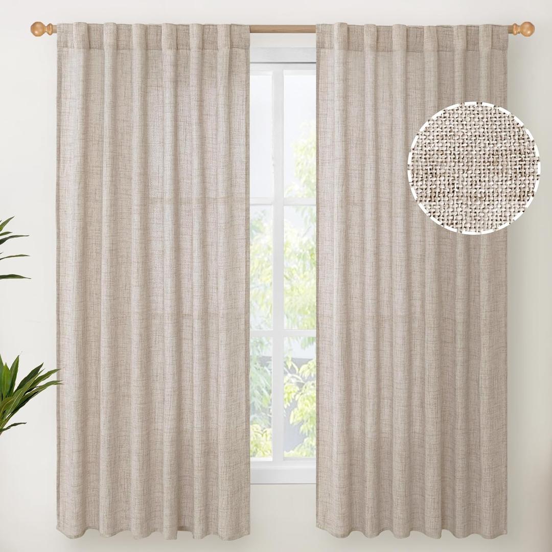 YoungsTex Linen Semi Sheer Curtains 63 Inch Length for Living Room, Light Filtering Beige Drapes with Rod Pocket Back Tab Natural Textured for Bedroom Rustic Country, 2 Panels, 52 X 63 Inch