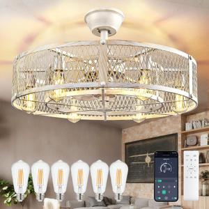DLLT Caged Ceiling Fan with Lights: 26" Large Bladeless Fandelier with Light and Remote - Cement Industrial Chandelier Fan Light Semi Flush Mount Rustic Enclosed Fans Bedroom Dining Room Kitchen