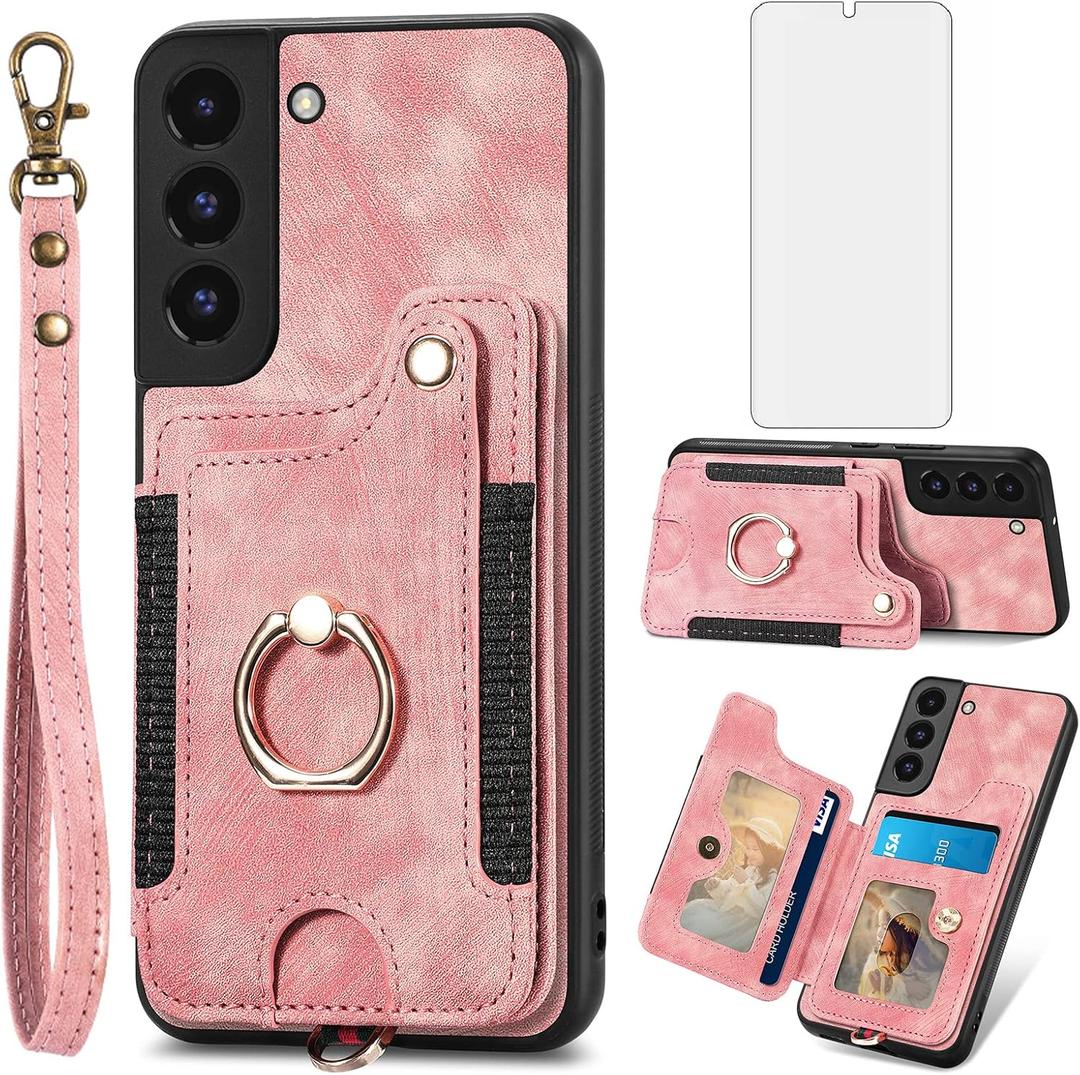 Phone Case for Samsung Galaxy S22 Plus S22+ 5G Wallet Cover with Screen Protector and Wrist Strap Lanyard RFID Credit Card Holder Ring Stand Cell Accessories S22+5G S22plus 22S + S 22 22+ Women Pink