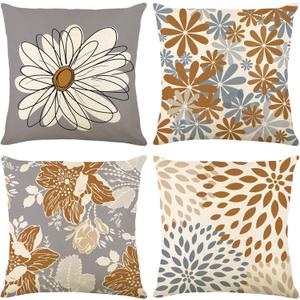 Brown Decorative Throw Pillow Covers 18x18 Set of 4, Brown and Grey Modern Daisy Floral Pillows Linen Pillow Covers for Couch Sofa Living Room