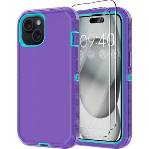Annymall for iPhone 15 Case with 2 Screen Protector,Shockproof Drop Protection Full Body Heavy Duty 3-Layer Military Rugged Durable Phone Cover for Apple iPhone 15 6.1" (Purple)