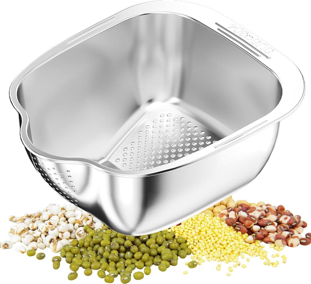 Rice Washer Strainer Bowl, Stainless Steel Washing Bowl whit Side Drainers, Versatile Square Quinoa Colander for Cleaning Rinsing Fruits, Vegetables, and Beans - Multifunctional Drain Basket (3 QT)