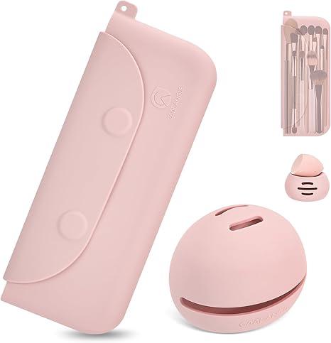 Silicone Makeup Brush Holder And Beauty Sponge Case, Travel Makeup Brush Case With Magnetic Closure, Makeup Sponge Holder 2 In 1 Stand Storage For Quick Drying Khaki
