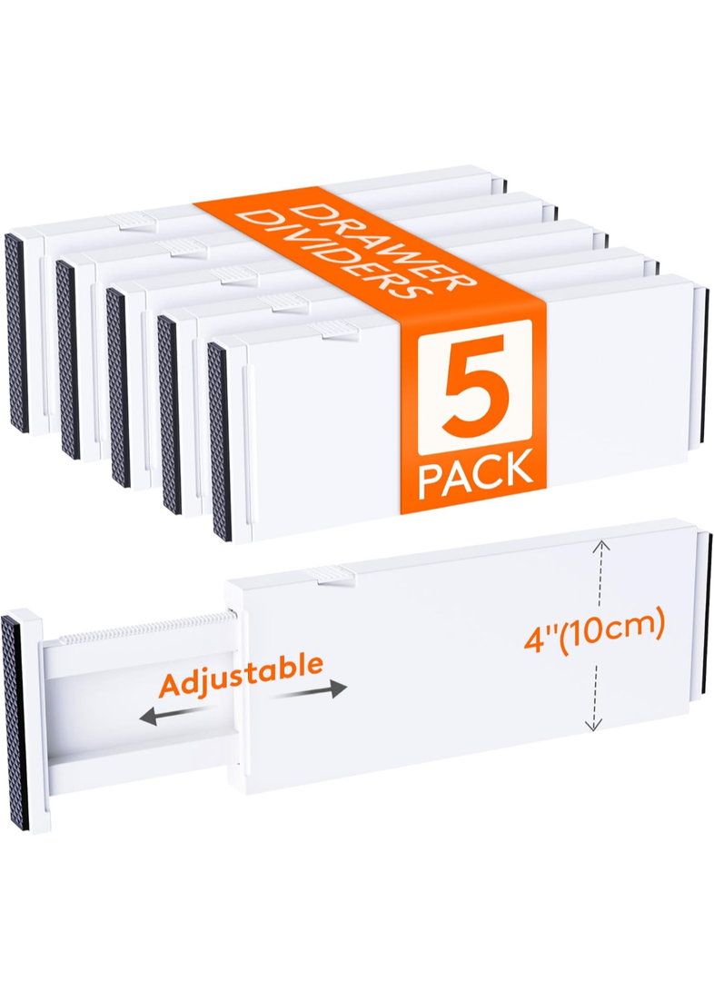 Lifewit 5 Pack Drawer Dividers 4" High, 11"-17" Adjustable Dresser Drawer Organizers for Clothes, Expandable Dresser Separators in Bedroom/Bathroom/Kitchen/Vanity/Office Organization and Storage, White