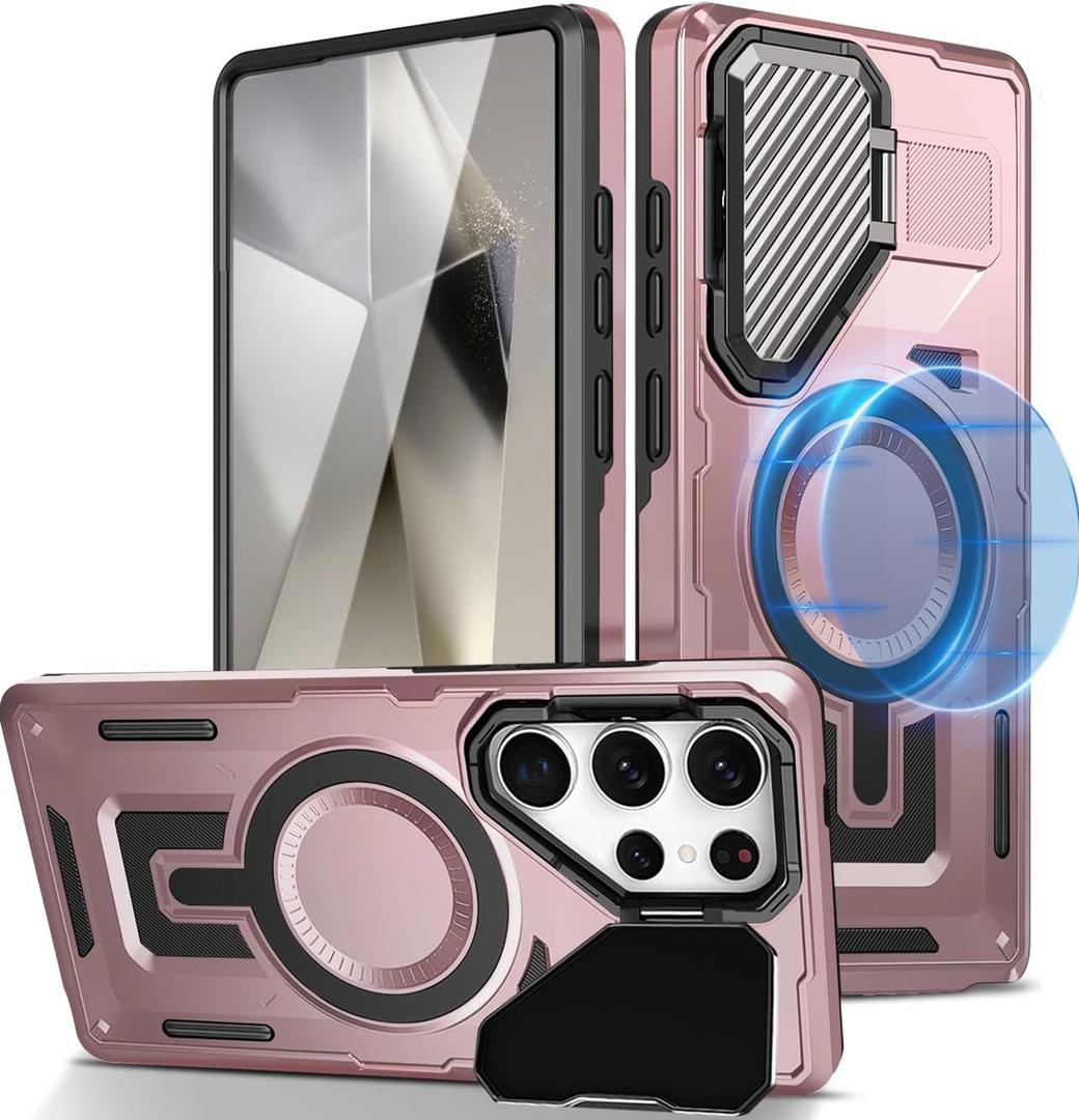 Magnetic Case for Galaxy S25 Ultra with Kickstand, Compatible with MagSafe, [Camera Lens Protector] Heavy Duty Shockproof Military Grade Stand Phone Case for Samsung Galaxy S25 Ultra (Pink)
