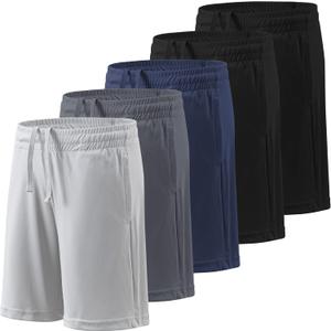 BALENNZ Boy's 5-Pack Athletic Shorts Kids Youth Quick Dry Active Performance Basketball Shorts with Pockets Elastic Waistband (Large, 5 Pack Black,black,dark Grey,navy,light Grey)