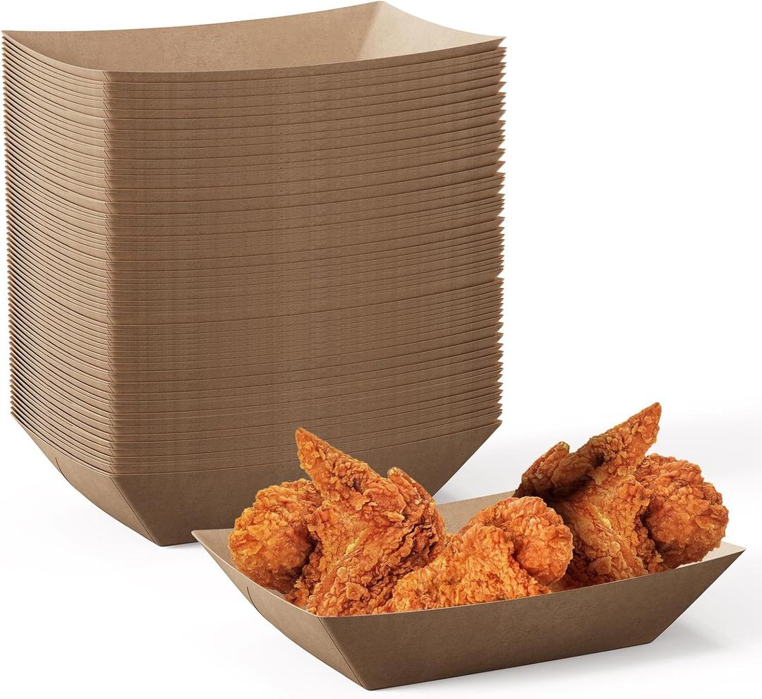 JOLLY CHEF 2lb Paper Food Trays, 100 Pack Disposable Paper Boat, Serving Boats, Food Holder Trays for Snacks French Fries Nachos Hot Dog Tacos BBQ Party