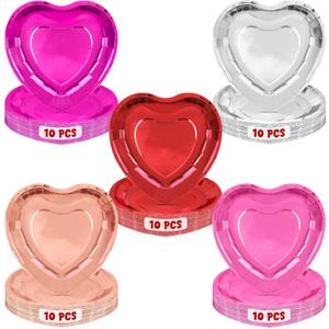QZYL 50 PCS Valentines Plates, 9" Disposable Valentine's Decorations, Foil Multi-color Valentine Party Plate, 5 Designs Red Pink Heart Shaped Plates, Love Paper Dinnerware Wedding Tableware