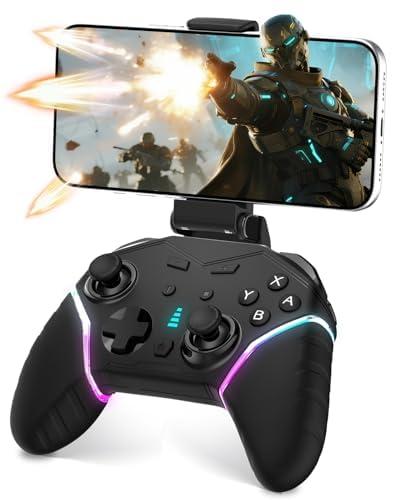 Mobile Gaming Controller for iPhone/iOS/Android/Switch/Laptop, Wired Control for PC/Steam, Wireless Phone Controller Gamepad with Programmable/Vibration/6-Axis Gyro/Turbo/RGB Light(with Phone Clip) (Black)