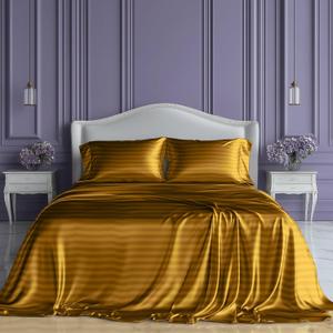 SLEEP SANCTUARY Satin Sheets Queen Size  4 Piece Luxury Silky Bed Set, Softer Than Silk, 15" Deep Pocket, Cooling & Wrinkle-Free, Moisture-Wicking & Breathable for Hair & Skin (Striped Gold)