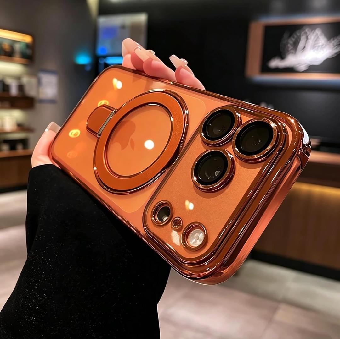 LXK Magnetic Invisible Stand for iPhone 17 Pro Max Case 6.9" Compatible with MagSafe, Military-Grade Protection, with Camera Protector, Clear Scratch-Resistant Back Cover fo 17 Pro Max, Cosmic Orange