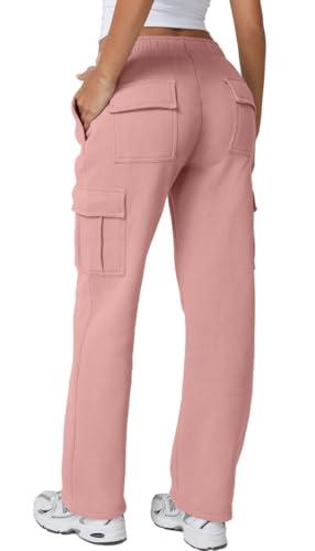 QINSEN Women's Elastic Waist Long Pants Casual Fleece Sweatpants with Pockets Peachskin M