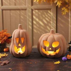 Tioncy 2 Pack Terracotta Pumpkin Decoration Handmade Brown Clay Pumpkin Jack-o-Lantern Halloween Tealight Holder Rustic Farmhouse Fall Home Decor for Table Porch Mantel Indoor Centerpieces(Orange)
