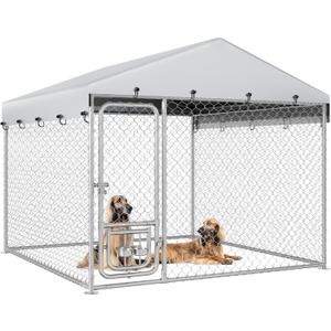 YITAHOME Outdoor Dog Kennel with Rotating Feeder Bowls, 7.5'x7.5' Outdoor Dog Enclosure with Roof, Heavy Duty Dog Cage for Medium Large Dogs
