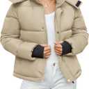 Funlingo Women's Cropped Puffer Jacket with Removable Hood Winter Zip Up Snap Button Warm Trendy Quilted Coat Khaki Medium